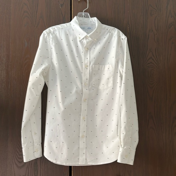 Old Navy long sleeved, slim fit blouse. White with blue/ orange tiny squares. Sm - Picture 1 of 8
